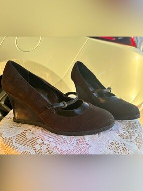 Classic Brown Suede Mary Jane Wedge Pumps